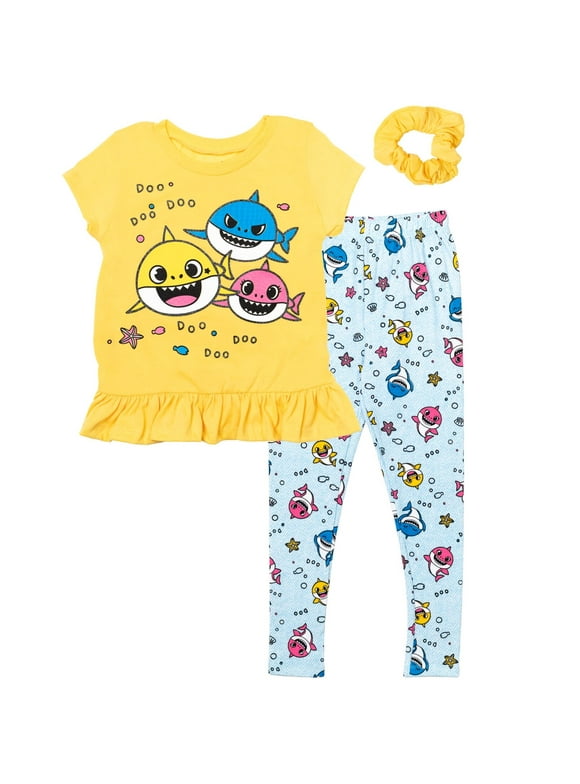 Pinkfong Baby Shark Infant Baby Girls Peplum T-Shirt Leggings and Scrunchie 3 Piece Outfit Set Infant to Little Kid