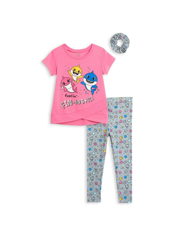 Pinkfong Baby Shark Little Girls Crossover T-Shirt Leggings and Scrunchie 3 Piece Outfit Set Infant to Little Kid