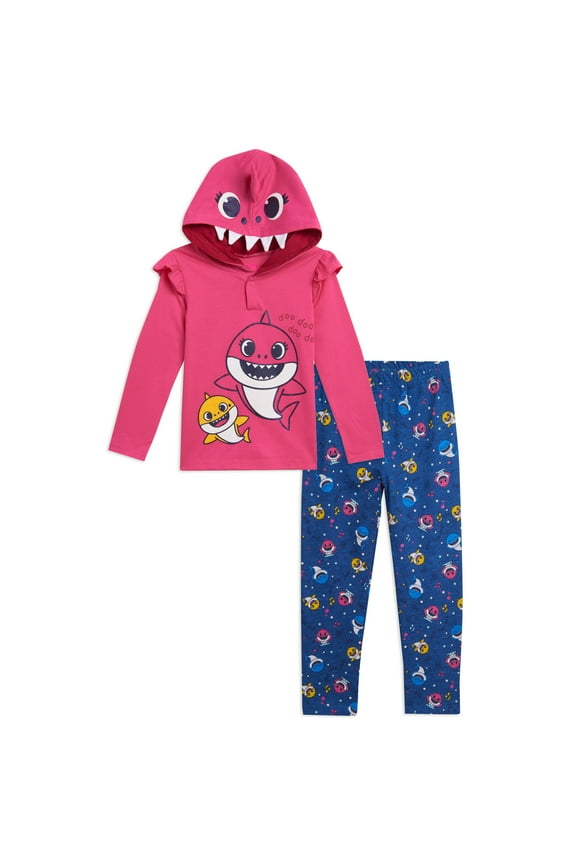 Baby Shark Little Girls Pullover Hoodie and Costume French Terry Leggings Outfit Set Newborn to Little Kid