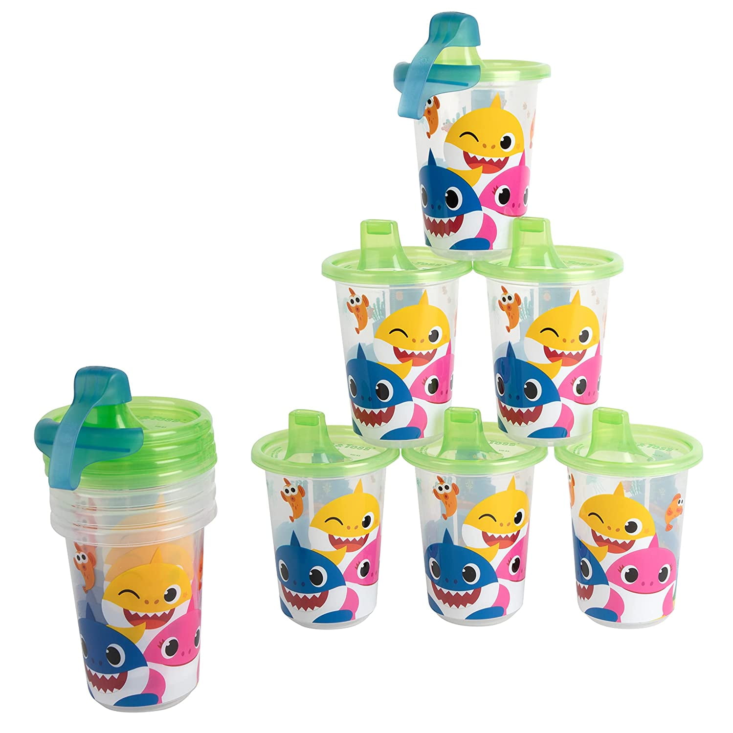 Pinkfong Baby Shark Sippy Cups - Reusable Toddlers Cups with Lids - BPA Free, Dishwasher Safe - Kids Party Pack with 2 Travel Cases Eco-Friendly and Spill-Proof