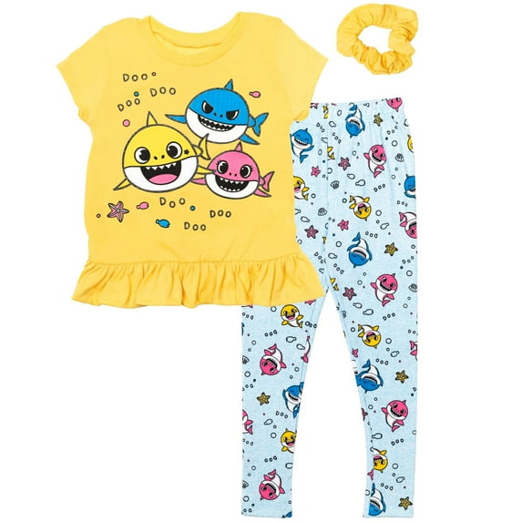 Pinkfong Baby Shark Toddler Girls Peplum T-Shirt Leggings and Scrunchie 3 Piece Outfit Set Infant to Little Kid