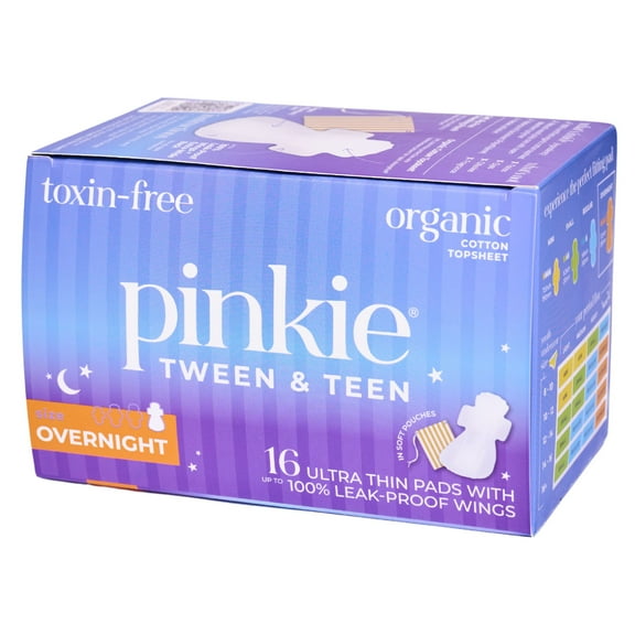 Pinkie Organic Cotton Teen Pads, Overnight, 16 Count