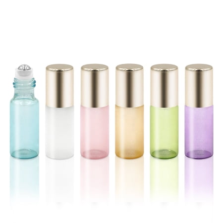 Pinkiou 6 Pcs Glass Roll on Bottles Refillable Glass Roll on Bottle with Bamboo Lid for Essential Oils Eco-Friendly Refillable Clear Perfume Sample Bottles with Stainless Steel Roller Ball