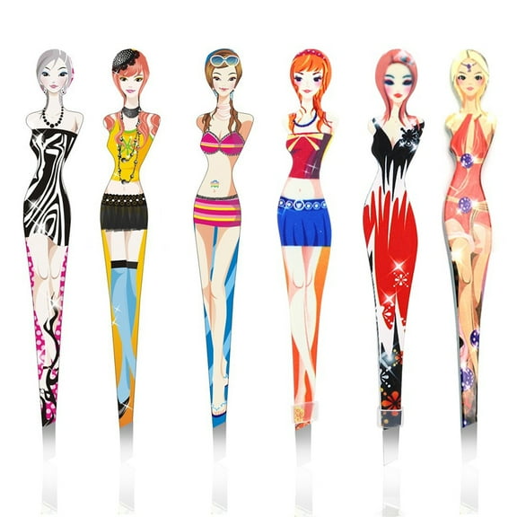 Eyebrow Tweezers Pinkiou Professional Slant tip Brow Clip Eyebrows Hair Removal Makeup Tool with Printed Beauty Cover Cosmetic 6 style pack of 6 pcs