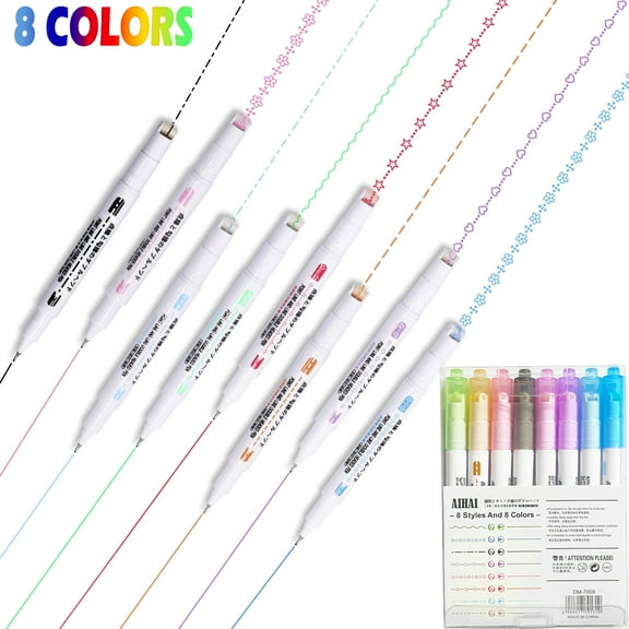 Pinkiou Dual Tip Colored Curve Pen Set with 6 Curve Shapes, Fine Tip, 0.4 mm, Assorted Ink, 8 Count