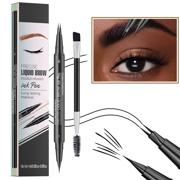 Pinkiou Eyebrow Pen,Microblading Eyebrow Pen,2-In-1 Waterproof Eyebrow Pen,Dual-Ended Eyebrow Pen with 2-Fork-Tips and Precision Brush,Eyebrow Pen for Natural Hair-Like Brows,Long Lasting, Pure Black
