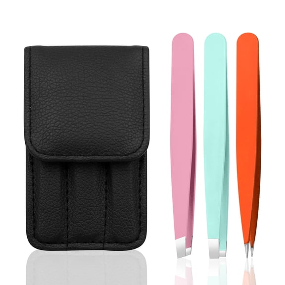 Pinkiou Eyebrow Tweezers Set Stainless Steel Tweezers, Slant, Straight ,Pointed Tip with Black Case and Eyebrow Razor as Gift