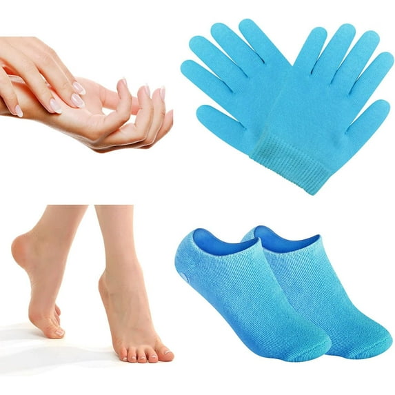 Pinkiou Gel Gloves Gel Socks Hand Care Gloves Foot Care Socks Exfoliation Moisturizing Heel Care Open Toe Bare Skin Beauty Socks and Gloves Set for Sleeping Good Skin Blue