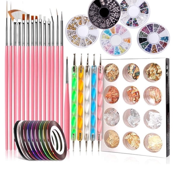 Pinkiou Nail Art Brushes Kit with Nail Painting Brushes, Nail Dotting Tool, Nail Foil, Paillette Decoration Manicure Rhinestones Tape Color for Nails