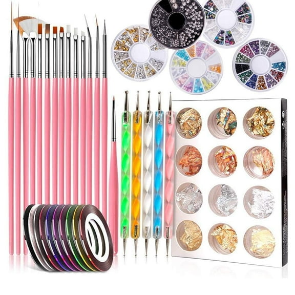 Pinkiou Nail Art Brushes Kit with Nail Painting Brushes, Nail Dotting Tool, Nail Foil, Paillette Decoration Manicure Rhinestones Tape Color for Nails