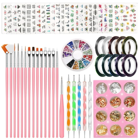 Pinkiou Nail Art Decoration Kits, Nail Design Kit With 24 Sheets Of Nail Art Stickers, 15pcs Nail Art Brushes, 5pcs Nail Dot Tools, 10 Rolls of Nail Strip Tape and Colour Rhinestones