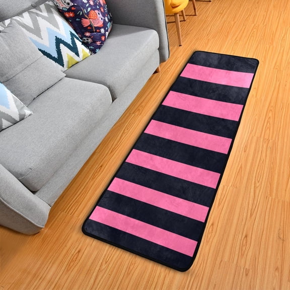 Pinkish Black Wide Stripes Long Floor Mat Runner Rug Area Mat Noise Reduction Water Absorbent Non-Slip 72" x 24"