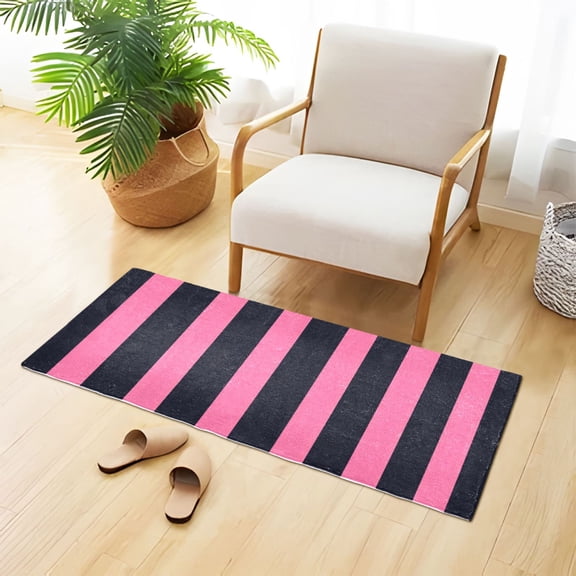 Pinkish Black Wide Stripes Plush Carpet Non Slip Runner Rug Absorbent Bath Mat 39" x 20"