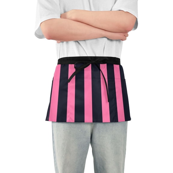 Pinkish Black Wide Stripes Short Server Apron with 3 Pockets for Unisex Chef Gardening