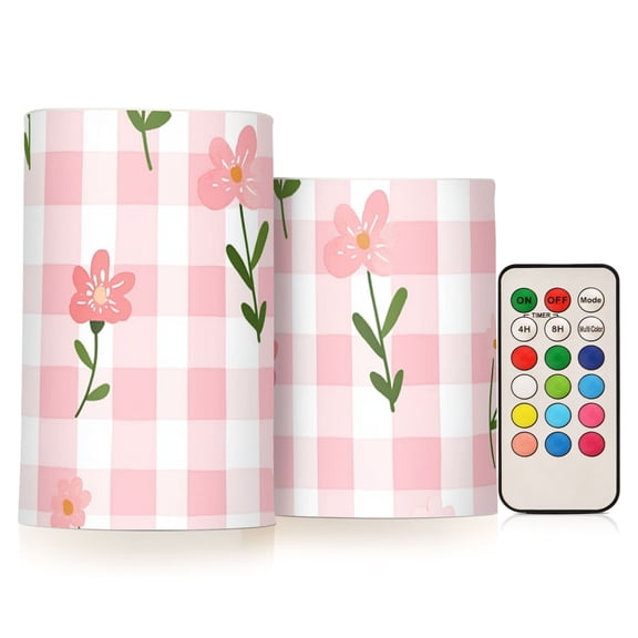 Pinkish Checkerboard Pastel Florals Flickering Flameless Candles LED Tealight Battery Operated with Remote Set of 2 Holiday Decor Ornaments
