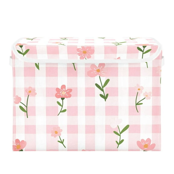 Pinkish Checkerboard Pastel Florals Foldable Storage Bin with Lid and Handle Collapsible Storage Box 16.5 x 12.6 x 11.8 inches