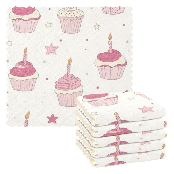 Pinkish Cupcakes with Candles Stars Birthday Dish Cloths Dish Towels Cleaning Cloths Quick Drying Reusable 11" x 11" Set of 6