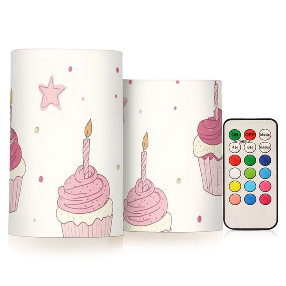 Pinkish Cupcakes with Candles Stars Birthday Flickering Flameless Candles LED Tealight Battery Operated with Remote Set of 2 Holiday Decor Ornaments