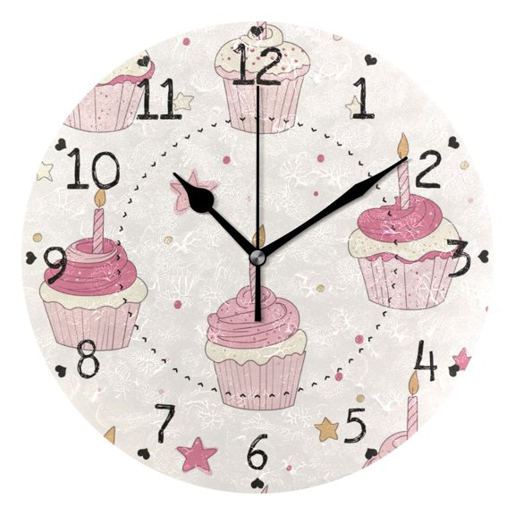 Pinkish Cupcakes with Candles Stars Birthday Round Wall Clock Silent Analog Battery Operated Black Pointer Home Decor 9.84" Diameter