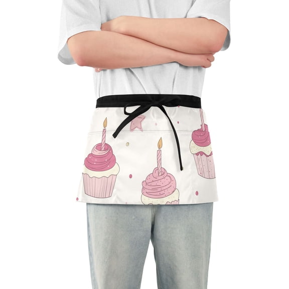 Pinkish Cupcakes with Candles Stars Birthday Short Server Apron with 3 Pockets for Unisex Chef Gardening