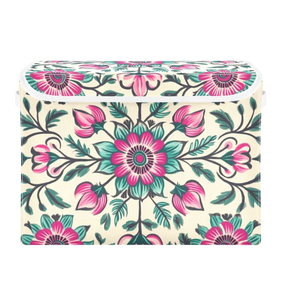 Pinkish Florals Turquoise Leaves Hand Painted Foldable Storage Bin with Lid and Handle Collapsible Storage Box 16.5 x 12.6 x 11.8 inches