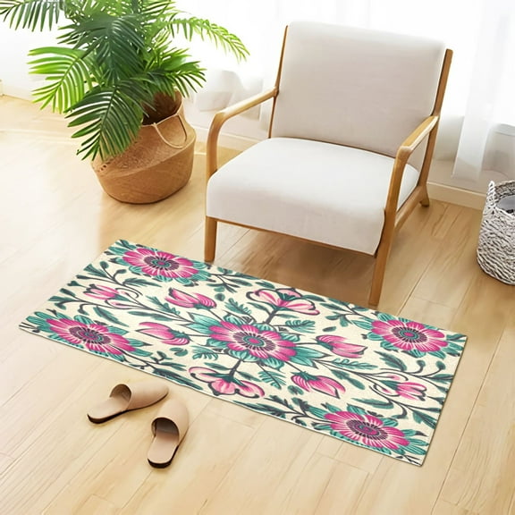 Pinkish Florals Turquoise Leaves Hand Painted Plush Carpet Non Slip Runner Rug Absorbent Bath Mat 39" x 20"