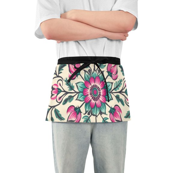 Pinkish Florals Turquoise Leaves Hand Painted Short Server Apron with 3 Pockets for Unisex Chef Gardening
