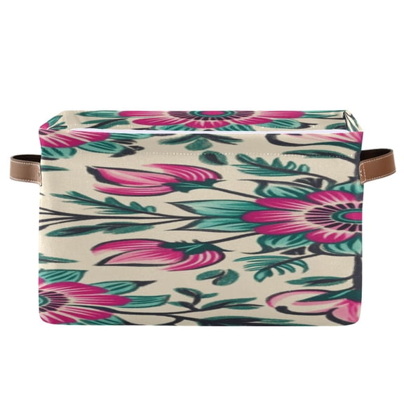 Pinkish Florals Turquoise Leaves Hand Painted Square Storage Bins with Handles Collapsible Containing Box 1 Pack