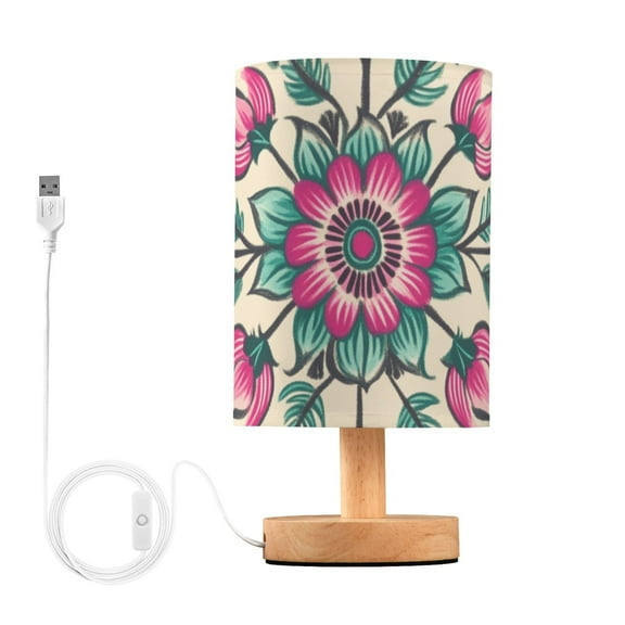 Pinkish Florals Turquoise Leaves Hand Painted Table Lamp with USB Port LED Warm Light Lamp Night Light Home Decor