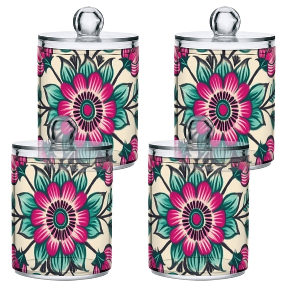 Pinkish Florals Turquoise Leaves Hand Painted Translucent Plastic Cans Storage Canisters with Lid Set of 4