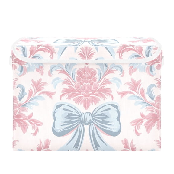 Pinkish Flowers Blue Bowknots Elegant Foldable Storage Bin with Lid and Handle Collapsible Storage Box 16.5 x 12.6 x 11.8 inches