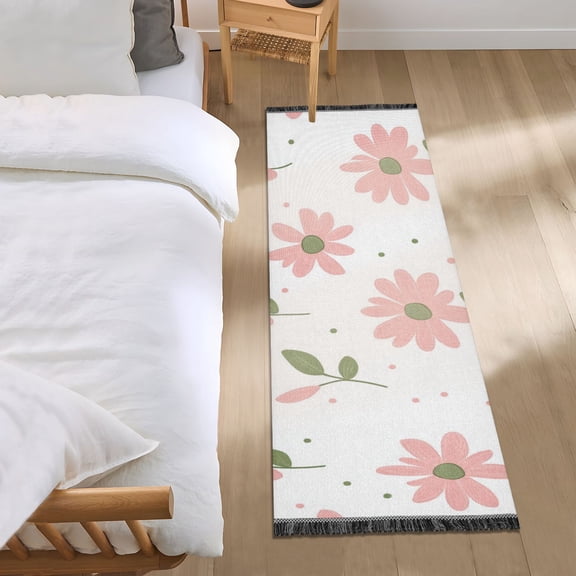 Pinkish Flowers Dots Leaves Bedside Runner Rug 2'x 6' Non Slip Carpet Floor Mat Area Rug