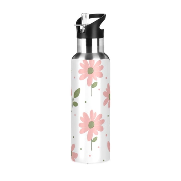 Pinkish Flowers Dots Leaves Sports Bottle with Straw Stainless Steel Water Jug Portable Thermal Cup Leak-proof 1000ML