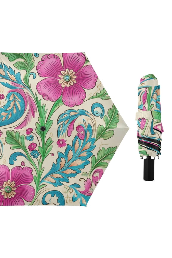 Pinkish Flowers Turquoise Leaves Paisley Style All Weather Umbrella Triple Folding Parasol 6 Ribs UV Protection Portable