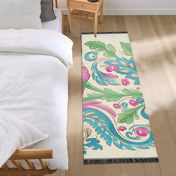 Pinkish Flowers Turquoise Leaves Paisley Style Bedside Runner Rug 2'x 6' Non Slip Carpet Floor Mat Area Rug