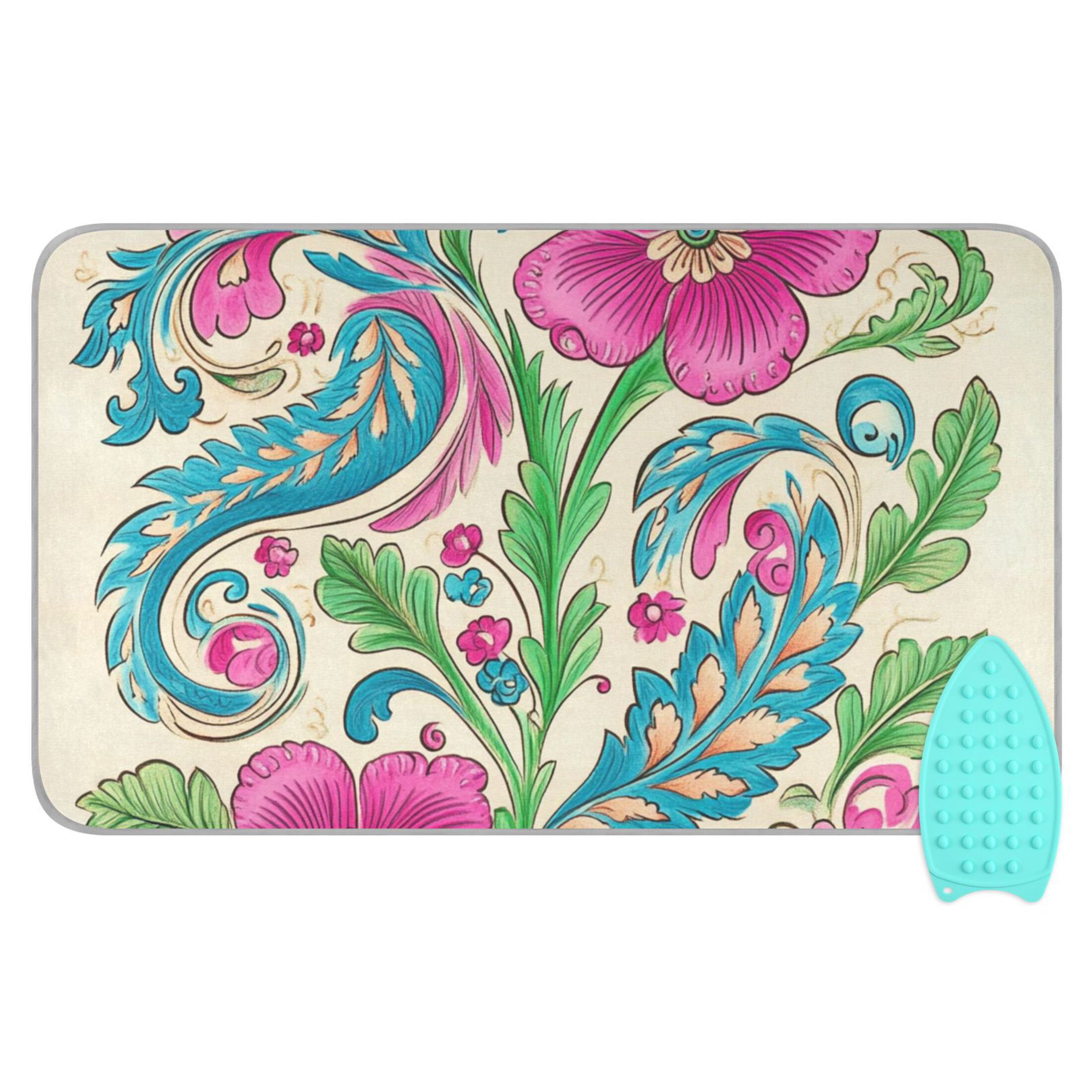 Pinkish Flowers Turquoise Leaves Paisley Style Ironing Mat Blanket Portable Travel Ironing Pad Heat Resistant Pad 47.2" x 27.6”