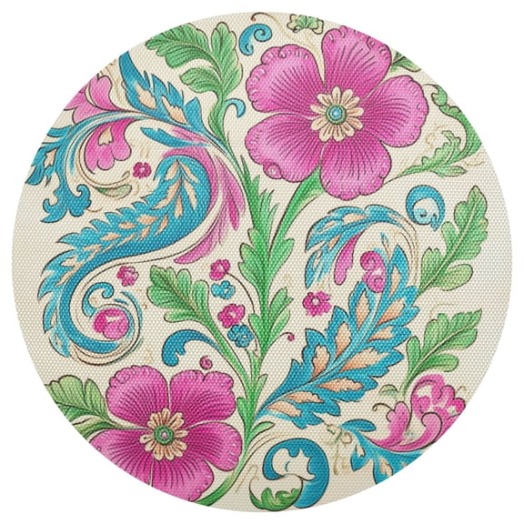Pinkish Flowers Turquoise Leaves Paisley Style PVC Round Grid Placemat Table Mat 1 Pc 15.4" x 15.4"