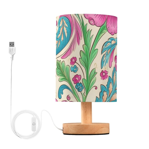Pinkish Flowers Turquoise Leaves Paisley Style Table Lamp with USB Port LED Warm Light Lamp Night Light Home Decor