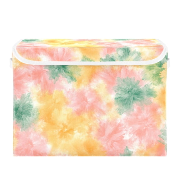 Pinkish Green Yellow Tie Dye Foldable Storage Bin with Lid and Handle Collapsible Storage Box 16.5 x 12.6 x 11.8 inches