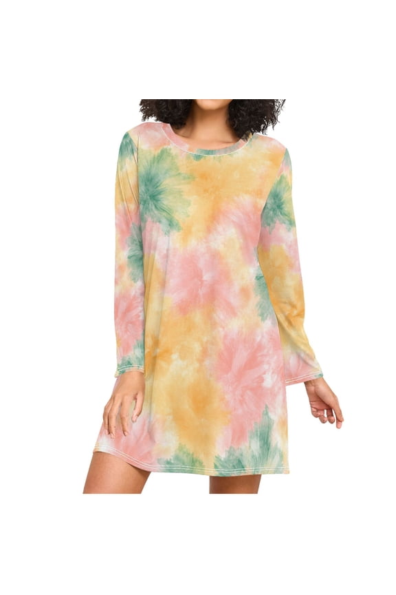 Pinkish Green Yellow Tie Dye Women's Long Sleeves Nightgowns Sleepwear Soft Pajama A-line Sleep Dress S