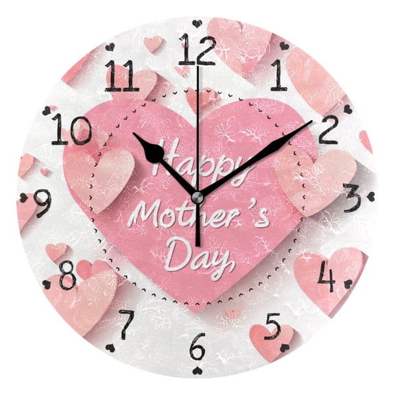 Pinkish Heart with Happy Mothers Day Word Round Wall Clock Silent Analog Battery Operated Black Pointer Home Decor 9.84" Diameter