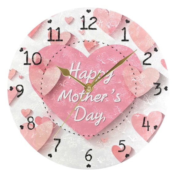 Pinkish Heart with Happy Mothers Day Word Round Wall Clock Silent Analog Battery Operated Gold Pointer Home Decor 9.84" Diameter