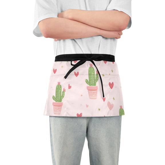 Pinkish Hearts Cactus Valentine Short Server Apron with 3 Pockets for Unisex Chef Gardening
