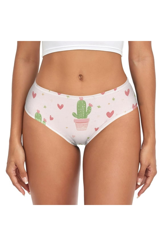 Pinkish Hearts Cactus Valentine Women's Underwear Ladies' Mid Waist Panties Bikini Bottom Briefs Viscose Bamboo S