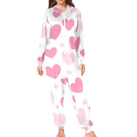 Pinkish Hearts Valentine Love Adult's Hoodie Onesie Jumpsuit One-Piece Pajamas with Zipper Unisex for Holiday XL
