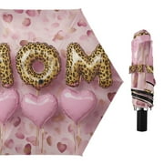 Pinkish Leopard Print Balloons Mothers Day All Weather Umbrella Triple Folding Parasol 6 Ribs UV Protection Portable
