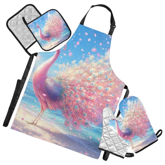 Pinkish Peacock on Beach Cherry Blossom Apron Set with Oven Mitts Pot Holders Set of 5 Kitchen Stuff Accessories