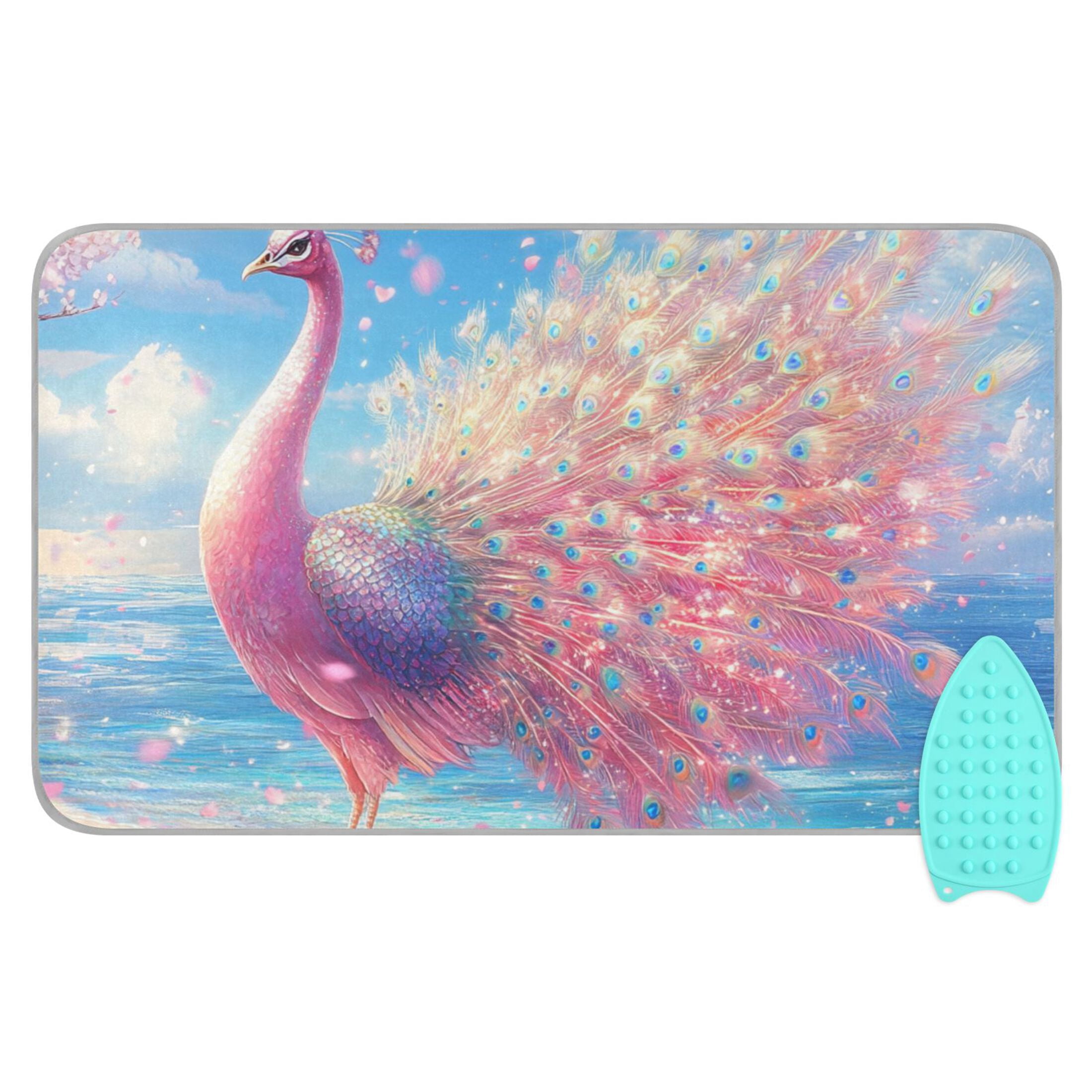 Pinkish Peacock on Beach Cherry Blossom Ironing Mat Blanket Portable Travel Ironing Pad Heat Resistant Pad 47.2" x 27.6”