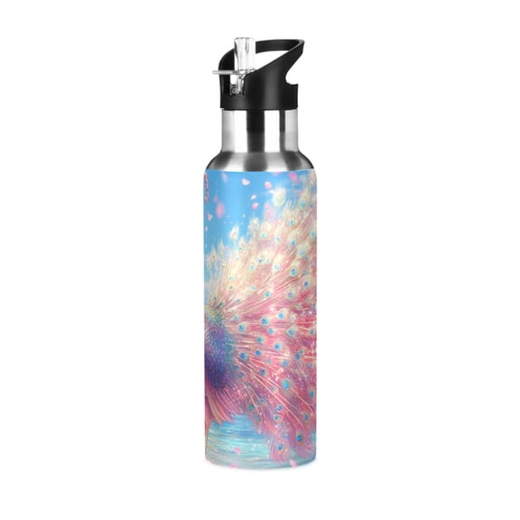 Pinkish Peacock on Beach Cherry Blossom Sports Bottle with Straw Stainless Steel Water Jug Portable Thermal Cup Leak-proof 1000ML