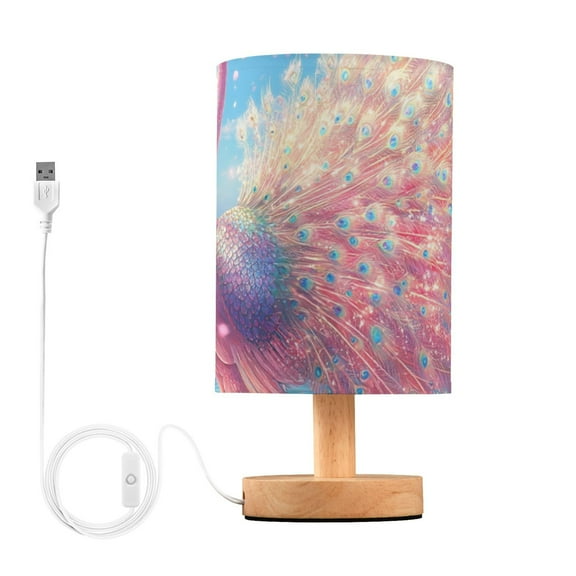 Pinkish Peacock on Beach Cherry Blossom Table Lamp with USB Port LED Warm Light Lamp Night Light Home Decor